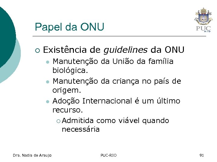 Papel da ONU ¡ Existência de guidelines da ONU l l l Dra. Nadia