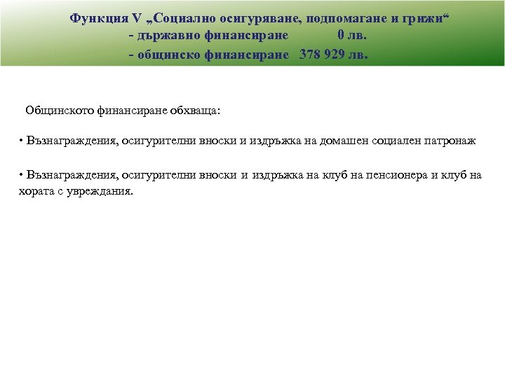  Функция V „Социално осигуряване, подпомагане и грижи“ - държавно финансиране 0 лв. -