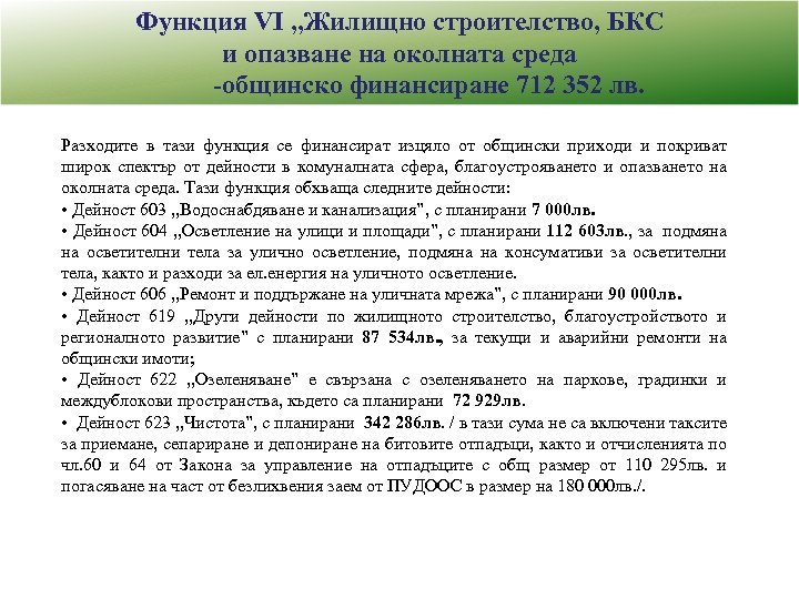 Функция VI „Жилищно строителство, БКС и опазване на околната среда -общинско финансиране 712 352
