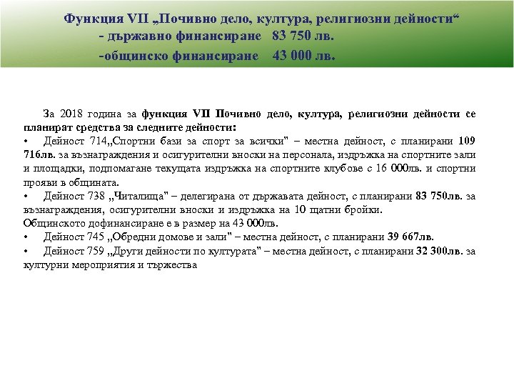 Функция VII „Почивно дело, култура, религиозни дейности“ - държавно финансиране 83 750 лв. -общинско