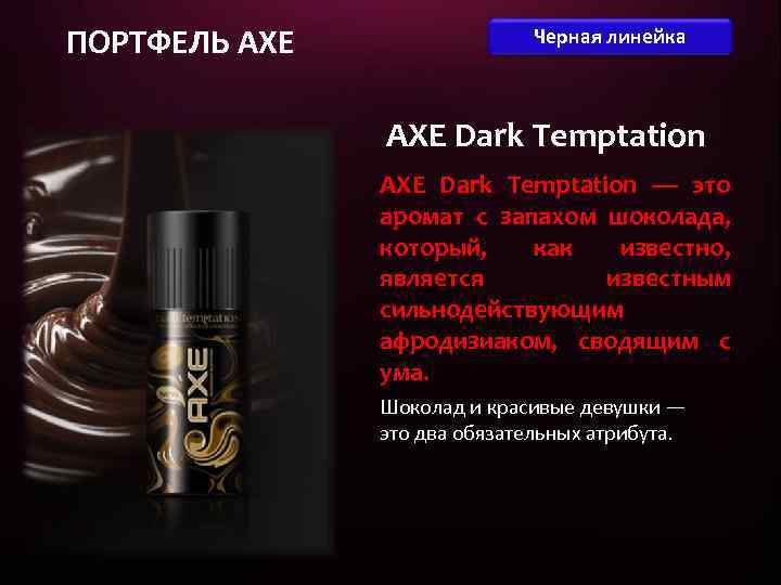 ПОРТФЕЛЬ AXE Черная линейка AXE Dark Temptation — это аромат с запахом шоколада, который,