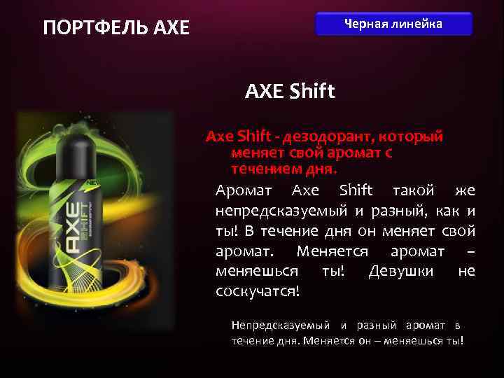 ПОРТФЕЛЬ AXE Черная линейка AXE Shift Axe Shift - дезодорант, который меняет свой аромат