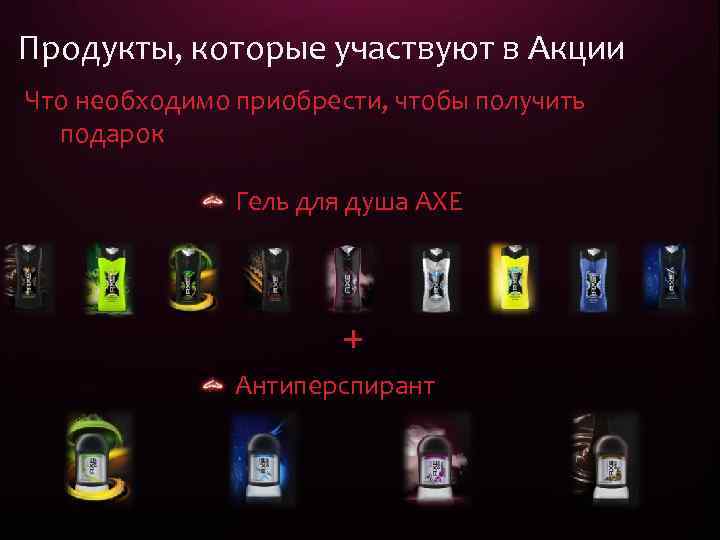 Продукты, которые участвуют в Акции Что необходимо приобрести, чтобы получить подарок Гель для душа