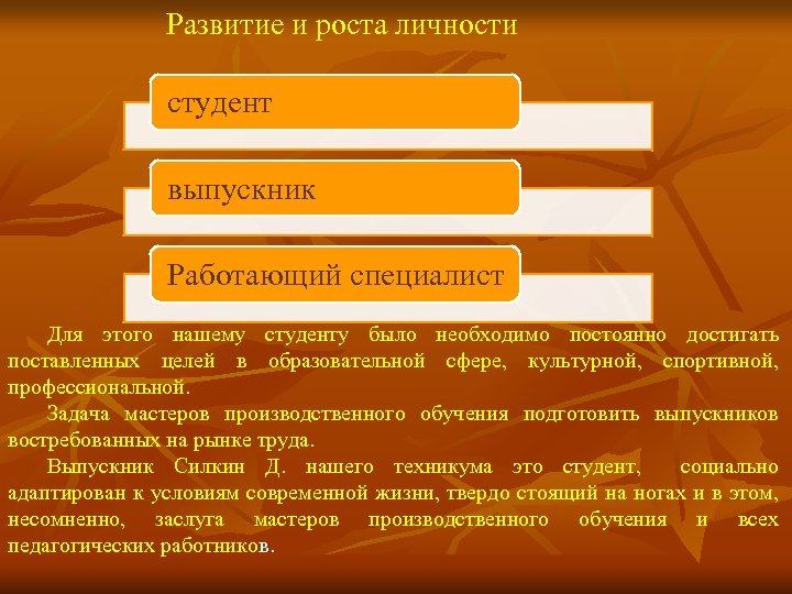  Развитие и роста личности студент выпускник Работающий специалист Для этого нашему студенту было