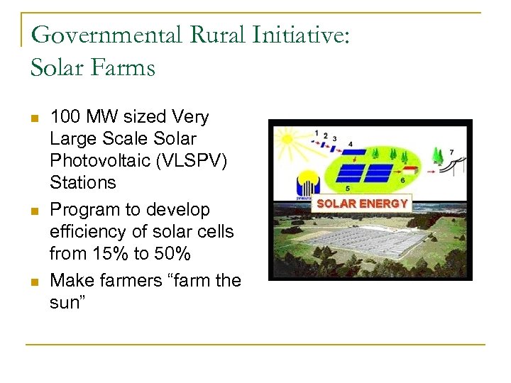 Governmental Rural Initiative: Solar Farms n n n 100 MW sized Very Large Scale