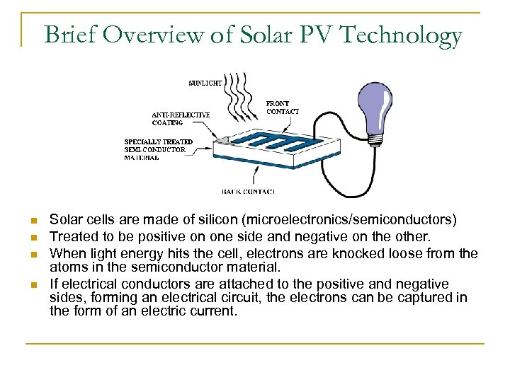 Brief Overview of Solar PV Technology n n Solar cells are made of silicon
