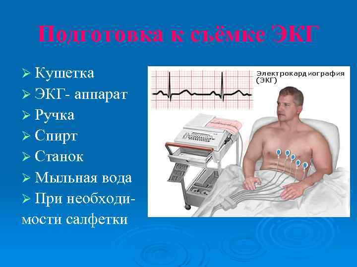 Подготовка к съёмке ЭКГ Ø Кушетка Ø ЭКГ- аппарат Ø Ручка Ø Спирт Ø