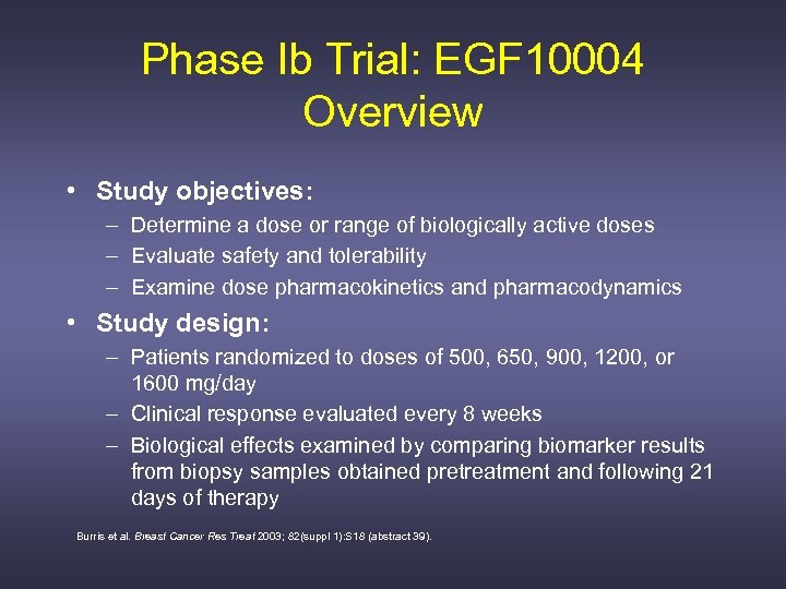 Phase Ib Trial: EGF 10004 Overview • Study objectives: – Determine a dose or