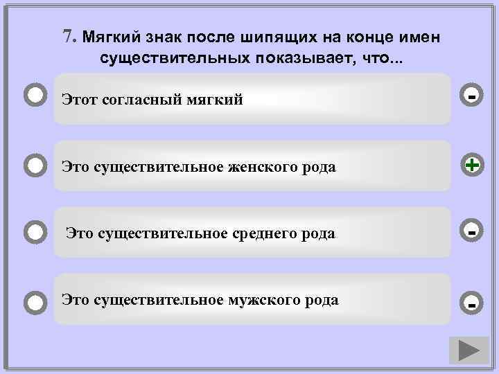 7. Мягкий знак после шипящих на конце имен существительных показывает, что. . . Этот