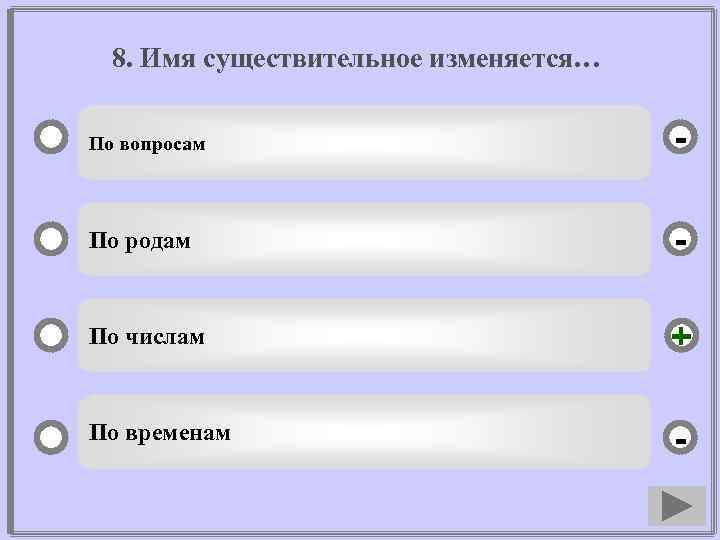 8. Имя существительное изменяется… По вопросам - По родам - По числам + По