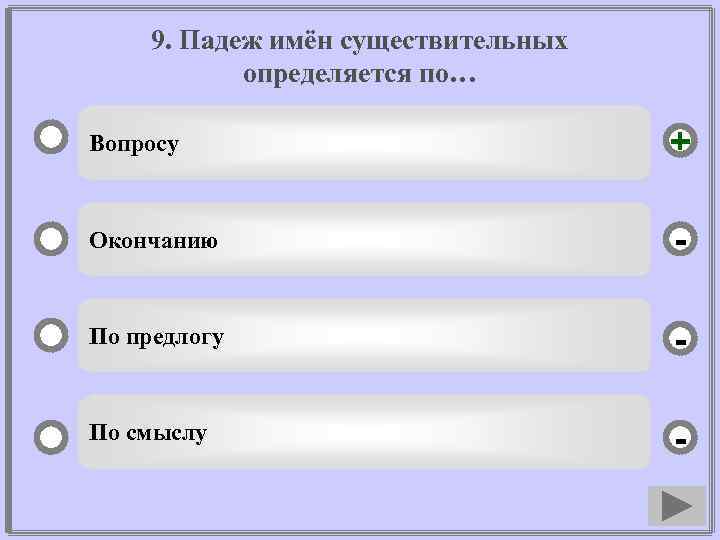 9. Падеж имён существительных определяется по… Вопросу + Окончанию - По предлогу - По
