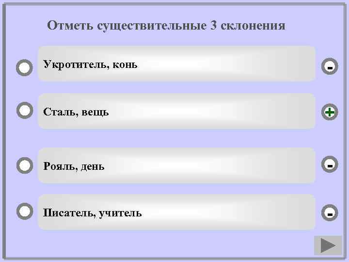 Отметь существительные 3 склонения Укротитель, конь - Сталь, вещь + Рояль, день - Писатель,