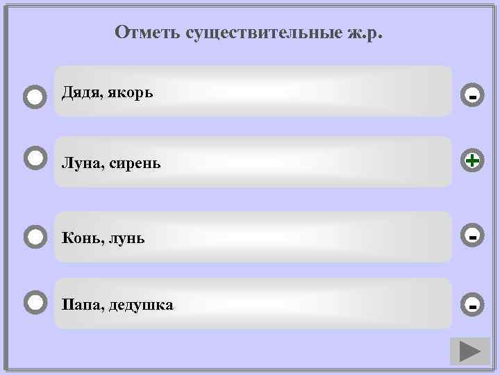 Отметь существительные ж. р. Дядя, якорь - Луна, сирень + Конь, лунь - Папа,