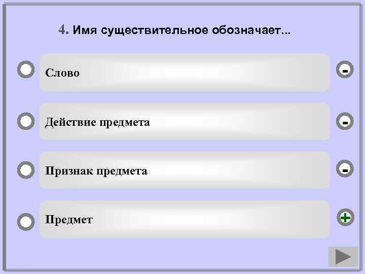 4. Имя существительное обозначает. . . Слово - Действие предмета - Признак предмета -