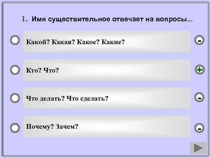 1. Имя существительное отвечает на вопросы. . . Какой? Какая? Какое? Какие? - Кто?
