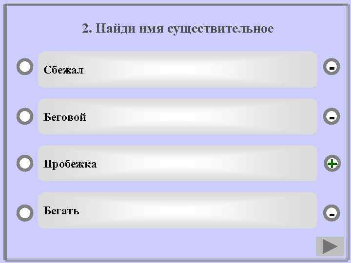 2. Найди имя существительное Сбежал - Беговой - Пробежка + Бегать - 