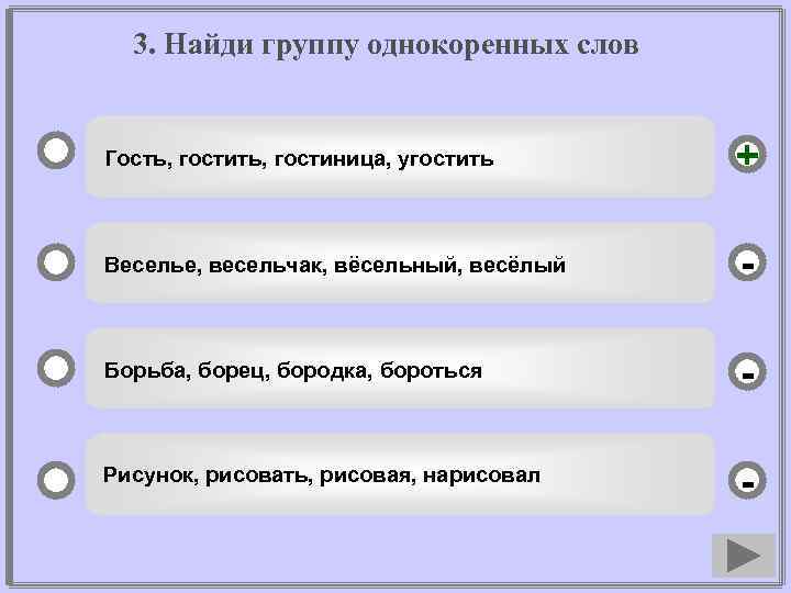 3. Найди группу однокоренных слов Гость, гостиница, угостить + Веселье, весельчак, вёсельный, весёлый -
