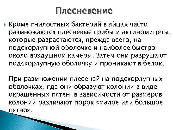 Плесневение Кроме гнилостных бактерий в яйцах часто размножаются плесневые грибы и актиномицеты, которые разрастаются,