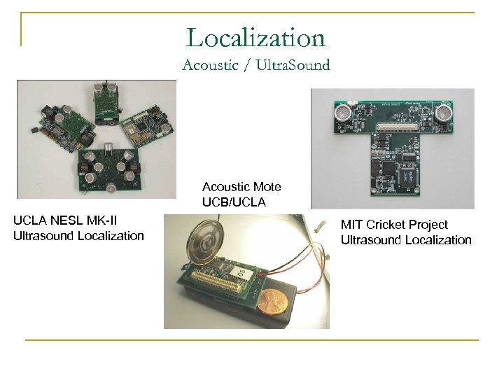 Localization Acoustic / Ultra. Sound Acoustic Mote UCB/UCLA NESL MK-II Ultrasound Localization MIT Cricket