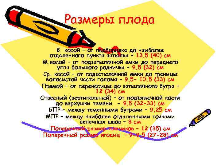 Размеры плода Б. косой – от подбородка до наиболее отдаленного пункта затылка – 13,