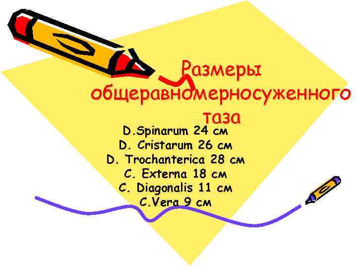 Размеры общеравномерносуженного таза D. Spinarum 24 см D. Cristarum 26 см D. Trochanterica 28