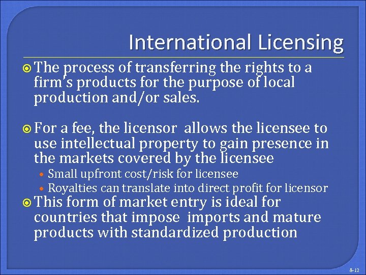 International Licensing The process of transferring the rights to a firm’s products for the