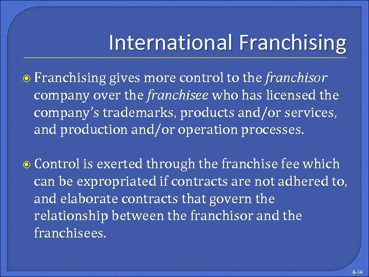 International Franchising gives more control to the franchisor company over the franchisee who has