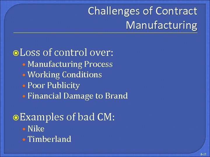 Challenges of Contract Manufacturing Loss of control over: • Manufacturing Process • Working Conditions