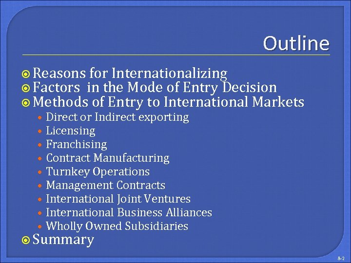 Outline Reasons for Internationalizing Factors in the Mode of Entry Decision Methods of Entry