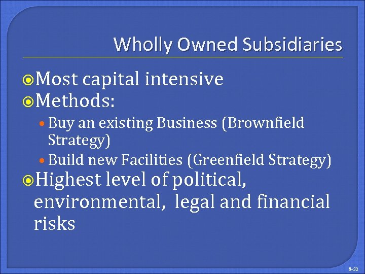 Wholly Owned Subsidiaries Most capital intensive Methods: • Buy an existing Business (Brownfield Strategy)
