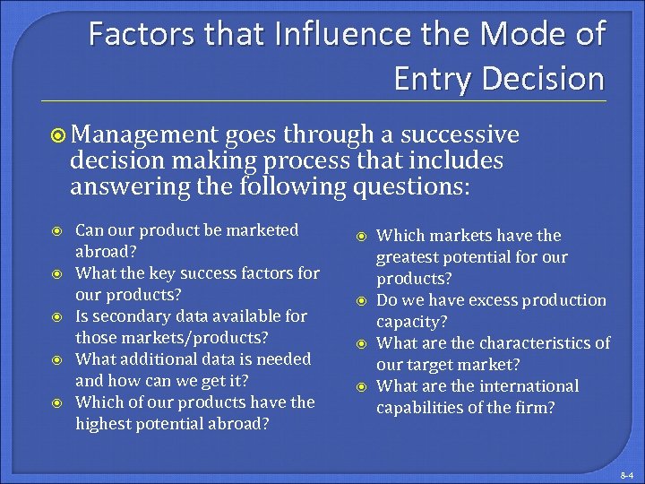 Factors that Influence the Mode of Entry Decision Management goes through a successive decision