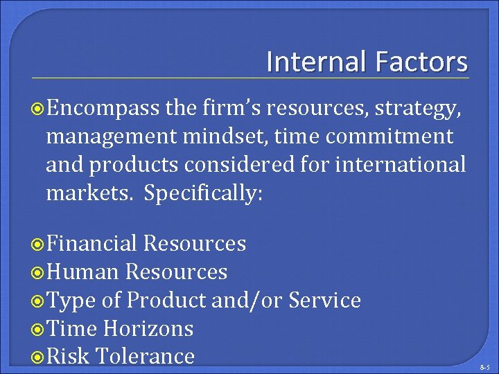 Internal Factors Encompass the firm’s resources, strategy, management mindset, time commitment and products considered