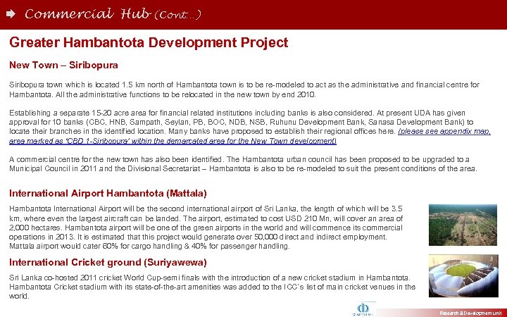  Commercial Hub (Cont…) Greater Hambantota Development Project New Town – Siribopura town which