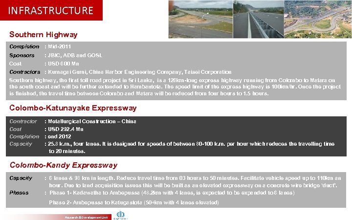 INFRASTRUCTURE Southern Highway Completion : Mid-2011 Sponsors : JBIC, ADB and GOSL Cost :