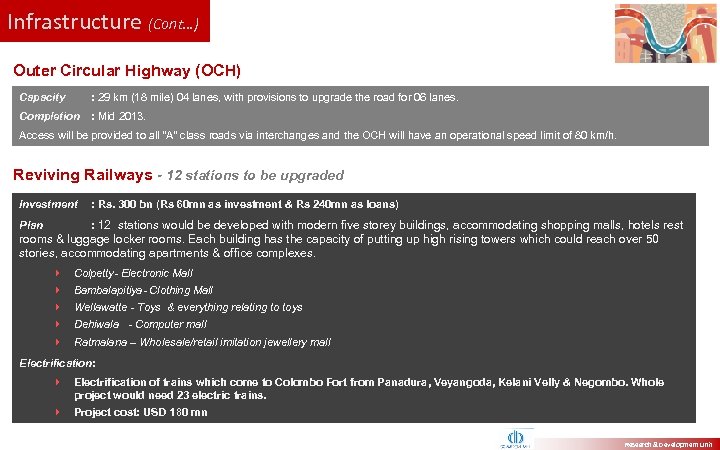 Infrastructure (Cont…) Outer Circular Highway (OCH) Capacity : 29 km (18 mile) 04 lanes,