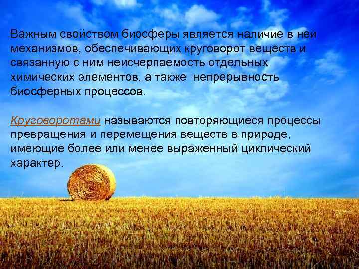 Важным свойством биосферы является наличие в ней механизмов, обеспечивающих круговорот веществ и связанную с