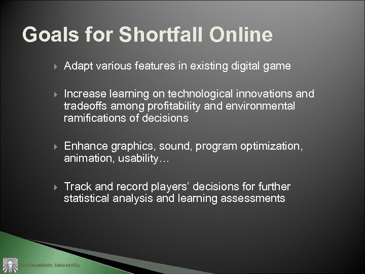 Goals for Shortfall Online Adapt various features in existing digital game Increase learning on