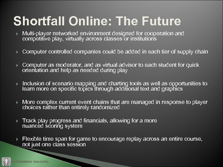 Shortfall Online: The Future Multi-player networked environment designed for cooperation and competitive play, virtually