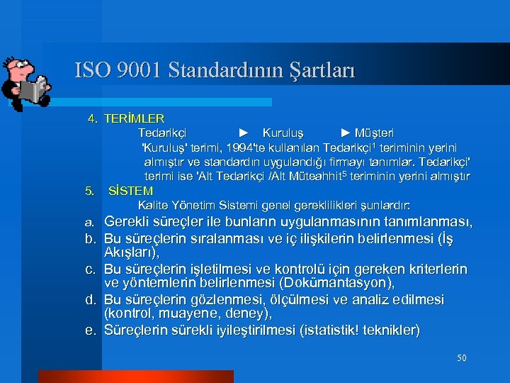 ISO 9001 Standardının Şartları 4. TERİMLER Tedarikçi ► Kuruluş ► Müşteri 'Kuruluş' terimi, 1994'te