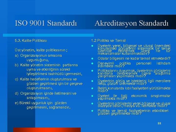 ISO 9001 Standardı 5. 3. Kalite Politikası Üst yönetim, kalite politikasının ; a) Organizasyonun