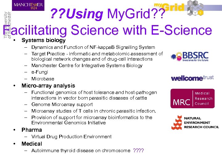 ? ? Using My. Grid? ? Facilitating Science with E-Science • Systems biology –