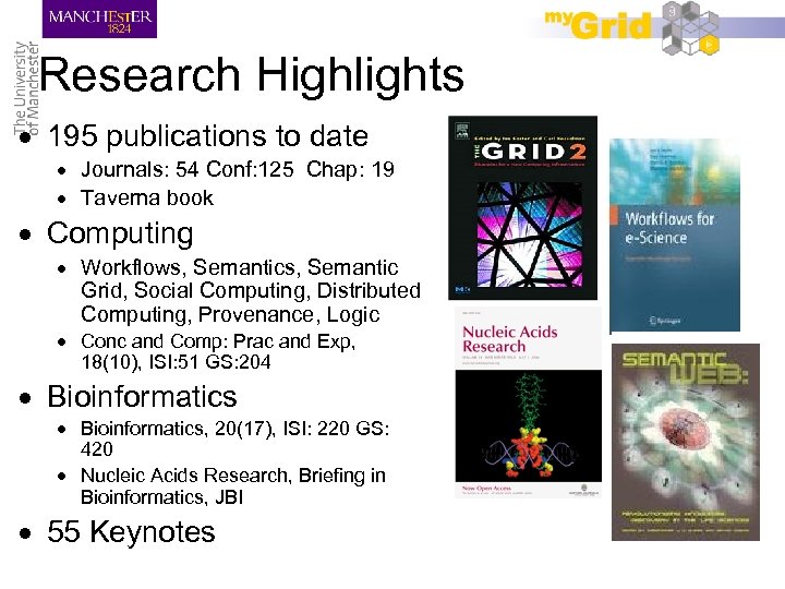 Research Highlights 195 publications to date Journals: 54 Conf: 125 Chap: 19 Taverna book