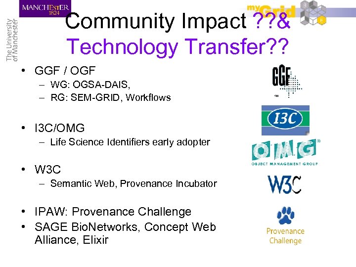 Community Impact ? ? & Technology Transfer? ? • GGF / OGF – WG: