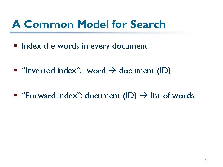 A Common Model for Search § Index the words in every document § “Inverted