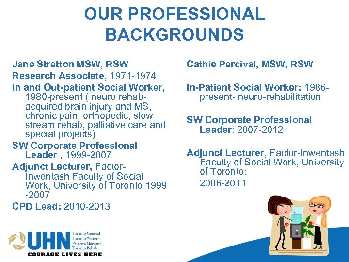 OUR PROFESSIONAL BACKGROUNDS Jane Stretton MSW, RSW Research Associate, 1971 -1974 In and Out-patient