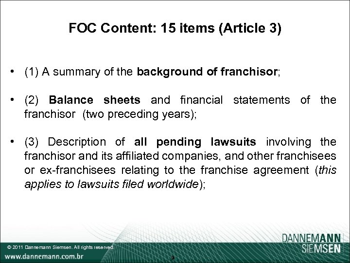 FOC Content: 15 items (Article 3) • (1) A summary of the background of