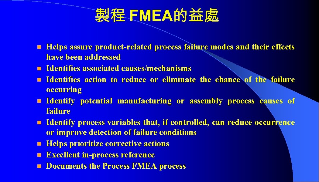 製程 FMEA的益處 n n n n Helps assure product-related process failure modes and their