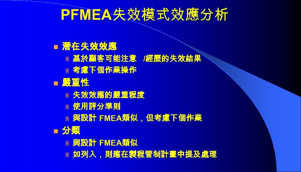 PFMEA失效模式效應分析 n 潛在失效效應 3 3 n 嚴重性 3 3 3 n 基於顧客可能注意 /經歷的失效結果 考慮下個作業操作