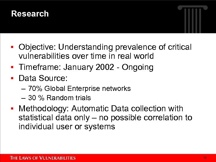 Research § Objective: Understanding prevalence of critical vulnerabilities over time in real world §
