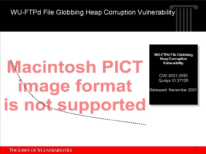 WU-FTPd File Globbing Heap Corruption Vulnerability CVE-2001 -0550 Qualys ID 27126 Released: November 2001